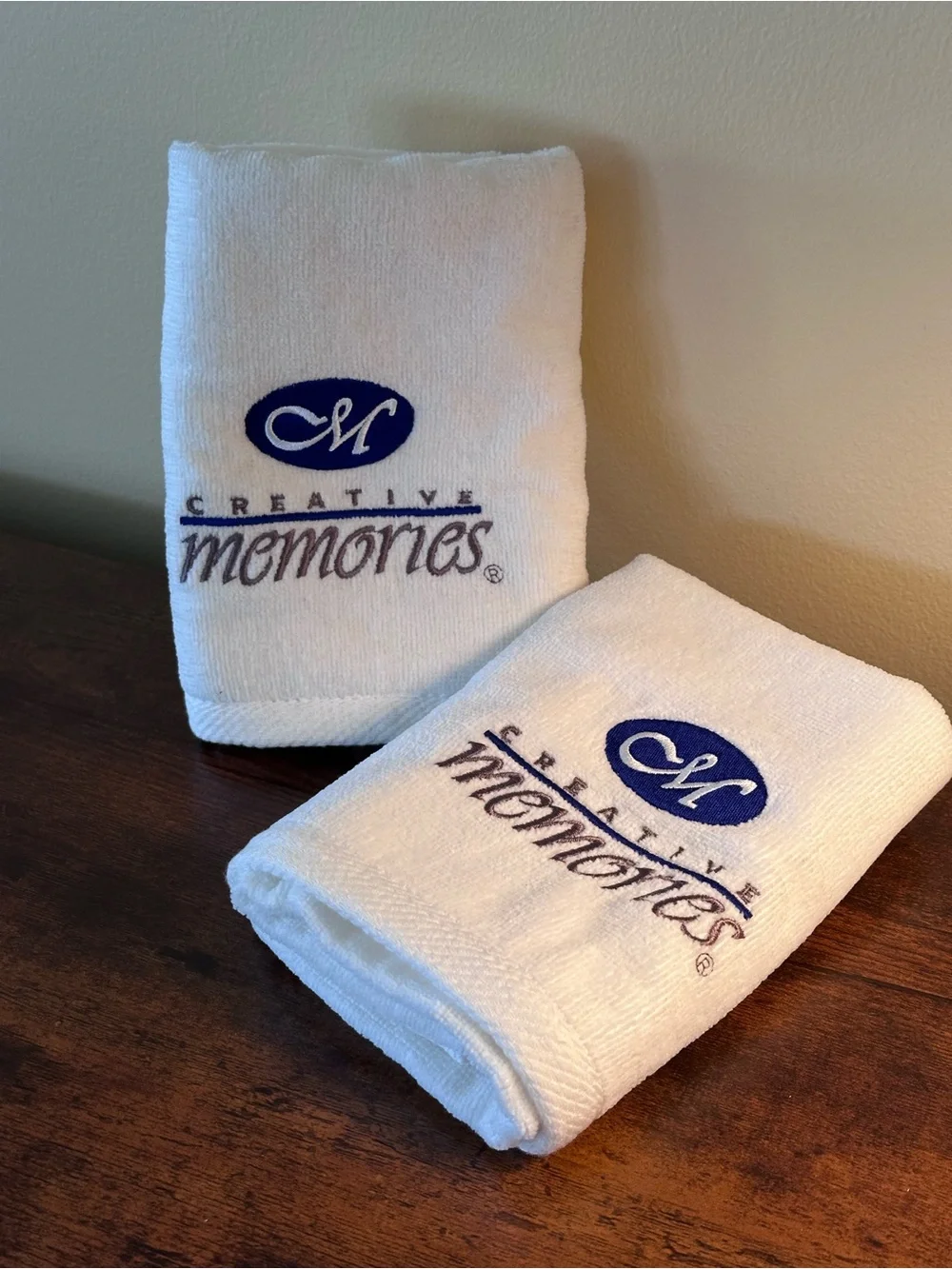 Creative Memories 27x13.25 White Hand Towels with Blue and Brown Embroidery